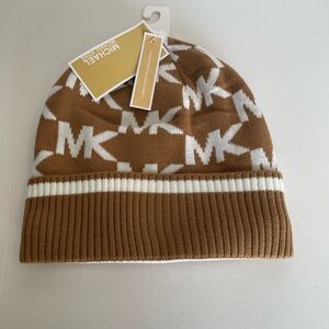 NWT MICHAEL KORS Women Fleece Lined Cuff Beanie Camel Signature MK Logo